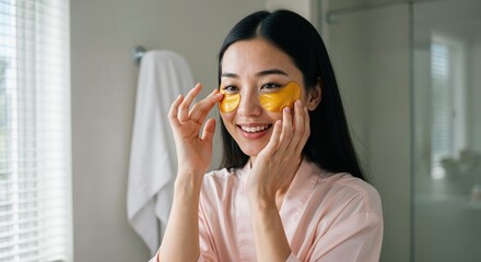 Radiant Self-Care Ritual: An Asian woman, radiating joy, gently applies under-eye patches in a tranquil, light-filled bathroom setting. This image captures the essence of skincare and well-being.