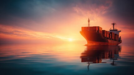 Majestic Cargo Ship at Sunset Reflecting on Calm Waters with Vibrant Sky and Serene Ocean Environment