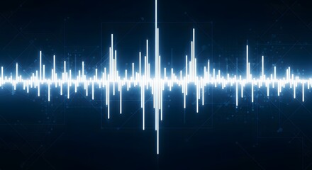 Dynamic digital audio spectrum analyzer with vibrant blue sound waves and an abstract equalizer display on a dark background, illustrating modern technology and data visualization concepts