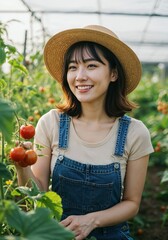 Joyful Gardener Harvesting Tomatoes: A cheerful gardener, beaming with a radiant smile, meticulously harvests ripe tomatoes in a sun-drenched greenhouse, capturing the essence of nature's bounty.