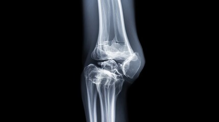 Fractured Elbow X-Ray: A stark black backdrop accentuates a detailed, grayscale X-ray of a human elbow, revealing the intricate anatomy and a discernible fracture.