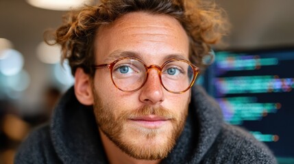 Thoughtful Observer: A close-up portrait of a man wearing glasses, exudes a sense of contemplation, his gaze direct and inviting, his expression a blend of curiosity and wisdom.