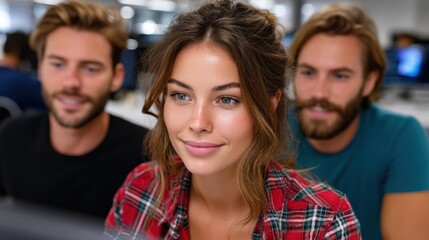 Fototapeta premium Focused Collaboration: Captivating trio engaged in a focused dialogue, exemplifying unity and synergy with a blend of modern business settings.