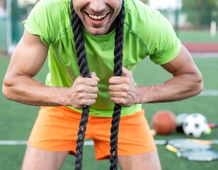Close-up of a man working out with a jump rope