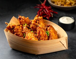 Crispy glazed chicken wings with a side of dip
