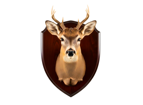 Taxidermy deer head mounted on a wooden plaque isolated on transparent background