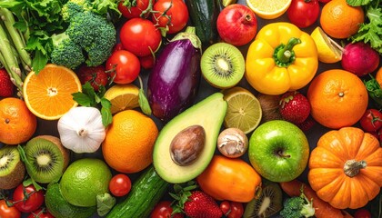 Vibrant Assortment of Fresh Produce Displaying Various Fruits and Vegetables with Bright Colors and Textural Detail on Dark Background Overhead Shot