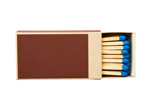 Cardboard matchbox with blue tipped matches isolated on transparent background