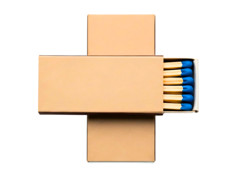 Cardboard matchbox with blue tipped matches isolated on transparent background