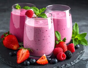 Three glasses of pink berry smoothie with fresh berries