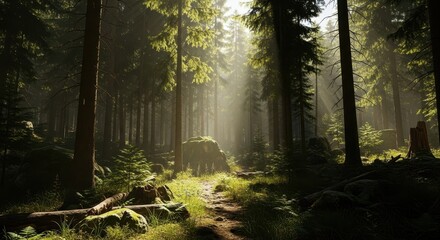 Obraz premium Sunlit forest path with tall green trees and dappled light, creating a serene and natural outdoor scene perfect for backgrounds and nature themes.