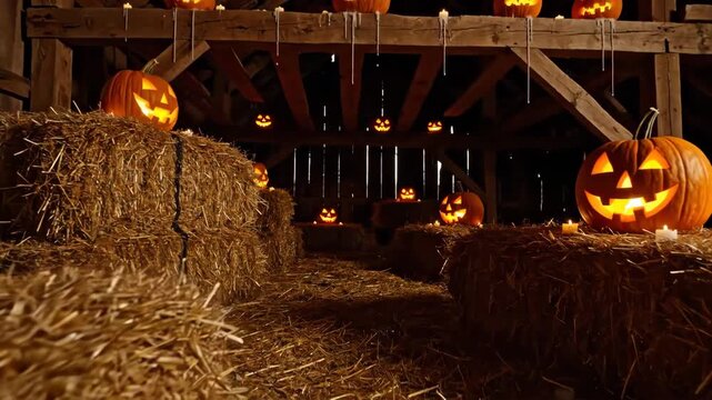 Spooky glowing jack-o'-lanterns and flickering candles create a fun Halloween night atmosphere inside a rustic barn with hay bales