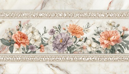 Floral panel, featuring painted blooms, framed by ornate borders on a marbled background