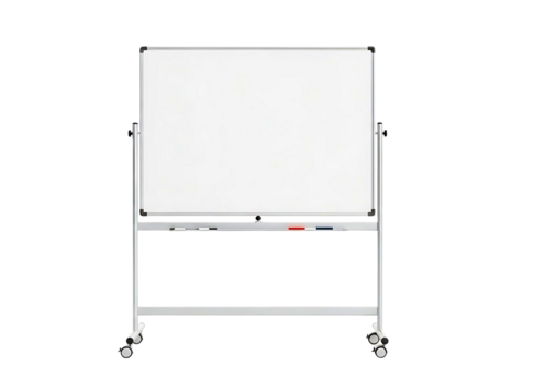 Double sided rolling whiteboard with wheels isolated on transparent background