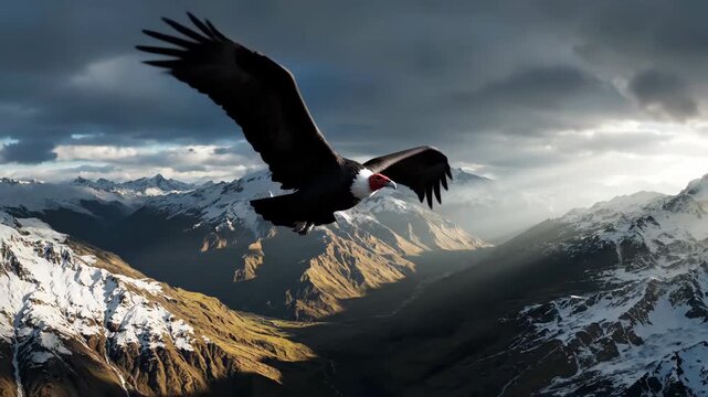 Majestic Condor Flying Over a Sunlit Mountain Valley at Sunrise