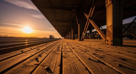 Sunset at an old train station with wooden platform and railway tracks