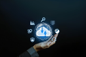Futuristic digital cloud computing concept with data storage, analytics, security, and network technology icons above hand. Innovation in big data, business intelligence, and IT solutions.
