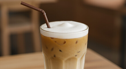 Iced latte with a creamy foam topping in a glass on a wooden surface