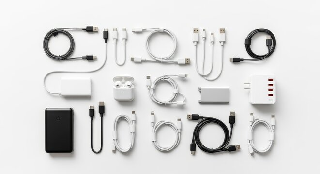 Electronic charging cables and accessories collection, white and black USB cords with power adapters, mobile device tech hardware on white background