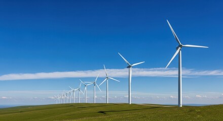 Wind Turbines on Green Hill Under Clear Blue Sky