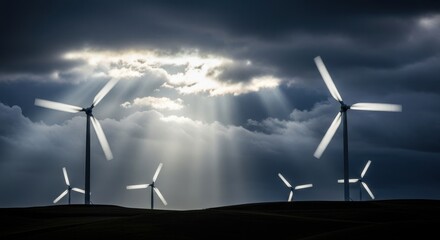 Wind Turbines Under Dramatic Cloudy Sky with Sun Rays