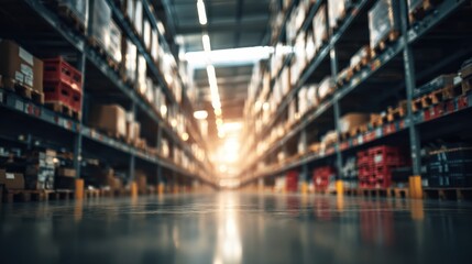 Bright Sunlight Inside a Warehouse with Stacked Boxes on Aisles in an Industrial Setting Showing Depth and Perspective