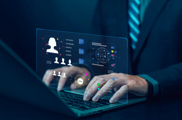 Futuristic digital dashboard interface with user profile, data analytics, and global network visualization on laptop, symbolizing big data, cybersecurity, business intelligence, and modern technology.