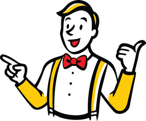 Cartoon man with red bow tie yellow suspenders pointing left and right character illustration