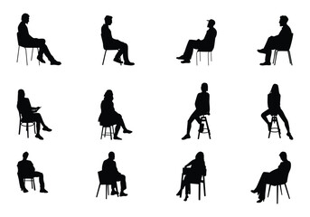 man women boy girl sitting or chair set collection pack bundle black shape icon silhouette vector flat illustration design on white background