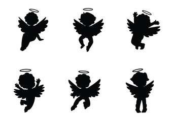 little baby angel set collection pack bundle black shape icon silhouette vector flat illustration design on white background 