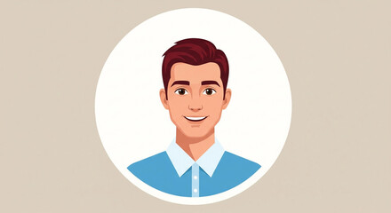 A cartoon illustration of a young, Caucasian man centered within a white circular frame