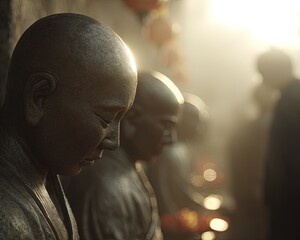 Bronze Statues In Row, Meditation, Peaceful