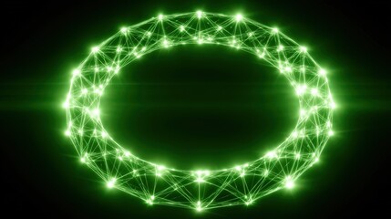 A glowing green circular network structure with connected points of light is centered against a black background, creating a futuristic and abstract visual that evokes connections and technology,...