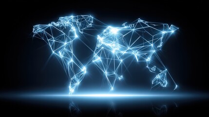 Depicting a modern, digital world with a bright, glowing, neon-blue world map outline constructed of connected nodes and lines on a dark, reflective background, conveying interconnectedness, data,...