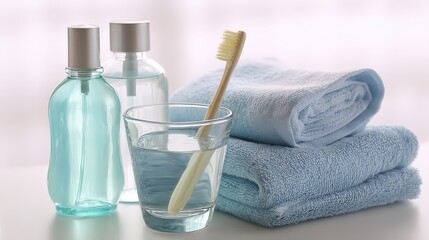 A light, airy composition showcases bathroom essentials, featuring a toothbrush in a glass of water, next to soft blue towels, and transparent bottles, creating a serene and clean aesthetic.