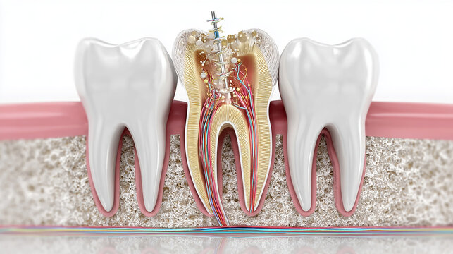 High-quality 3D medical illustration of a dental endodontic treatment, showing detailed root canal procedure inside a tooth, realistic anatomy, clean white background