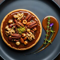 Fototapeta premium Caramel Nut Tart with Mixed Nuts and Pistachio Crumble