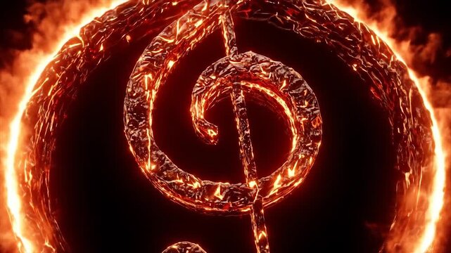 Fiery treble clef symbol illuminating dark background
