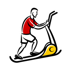 Fototapeta premium Stylized man in red shirt and white shorts exercising on elliptical machine elliptical trainer exercise