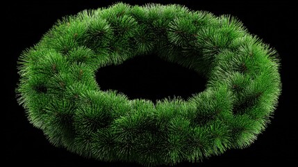 Lush green foliage forms a circular wreath against a stark black backdrop, showcasing a detailed texture and vibrant color.