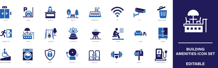 24 vector icons featuring building facilities such as parking, elevator, gym, pool, security,  and utilities. Perfect for real estate, architecture, and property presentations.