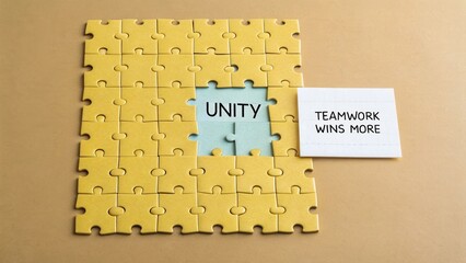 Puzzle pieces showing unity with message about teamwork winning more, representing collaboration and community strength
