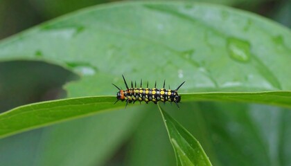 Fototapeta premium Caterpillar Crawls on Leaf, Outdoors