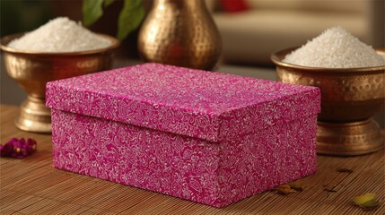 A decorative box with a patterned design sits on a wooden surface, flanked by brass bowls filled with white granular material, all arranged against a blurred background with soft lighting creating 