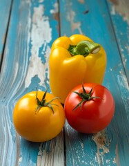 Three colorful peppers and tomatoes on a weathered wooden surface