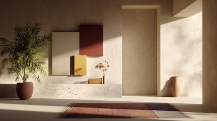 Interior design depicts a tranquil and inviting space, featuring a potted plant next to a wall with colorful abstract square displays, with sunlit shadows and a rug creating a warm, peaceful ambiance