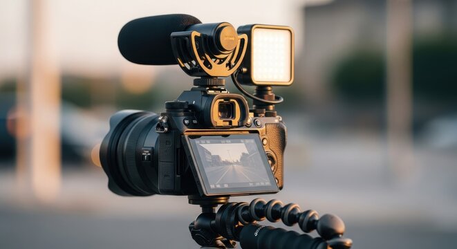 Professional vlogging camera rig with microphone and LED light, mirrorless digital camera on flexible tripod, content creation gear for video production