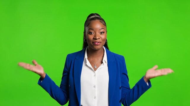 A young Black woman in a blue blazer and white shirt stands with her arms outstretched and palms up against a green screen background.