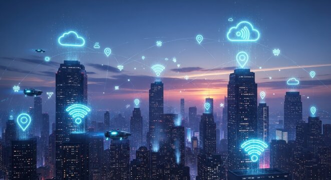 Futuristic cityscape glows with digital network connections, featuring illuminated wifi symbols, cloud icons, and location markers above skyscrapers at dusk, depicting the concept of advanced...