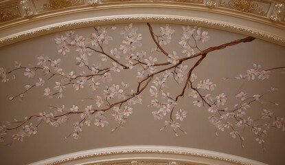 Painted ceiling detail of a flowering branch, framed with ornate molding